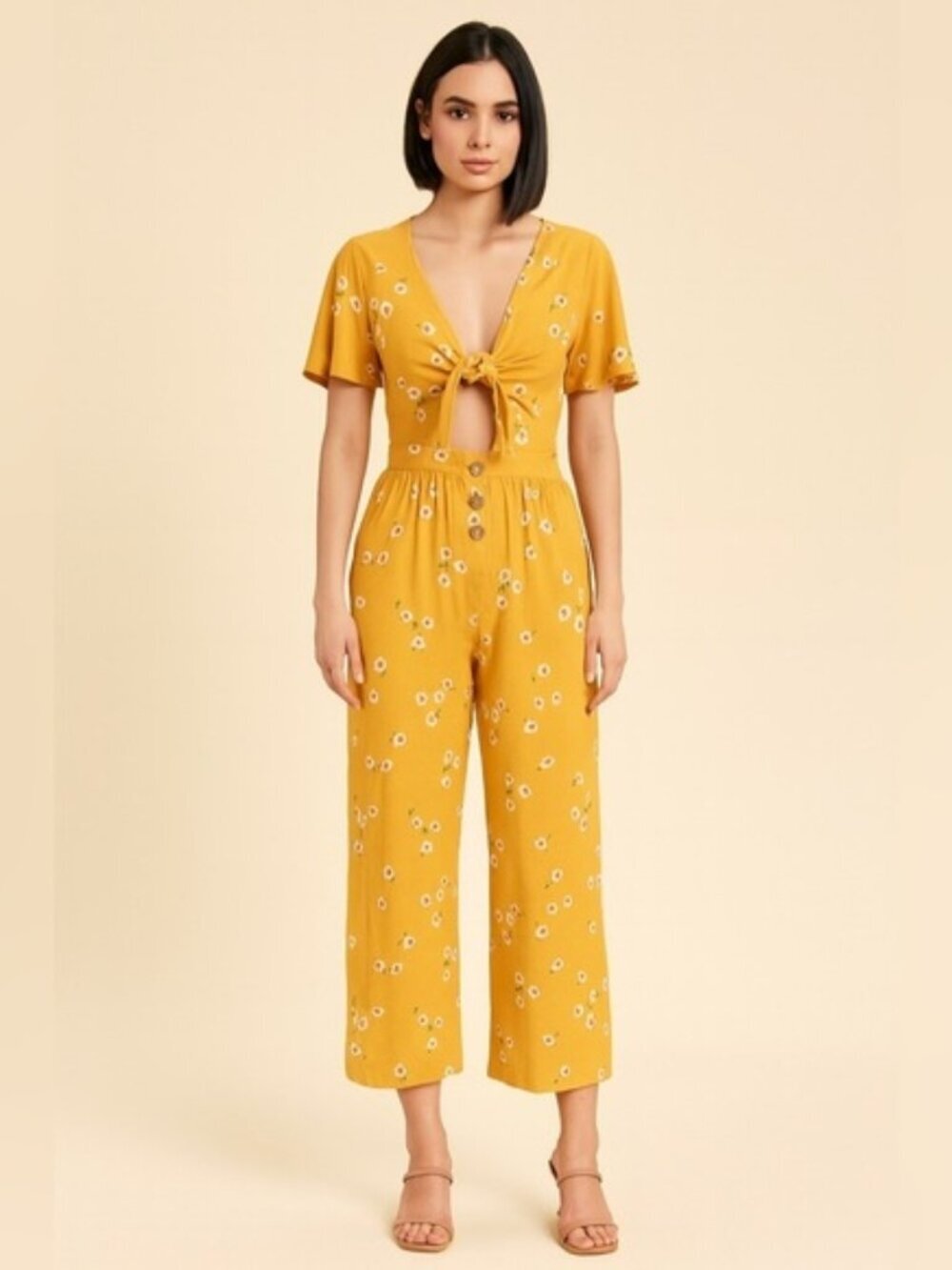 Mimi Chica Mustard Floral Tie-Front Jumpsuit – Size XS